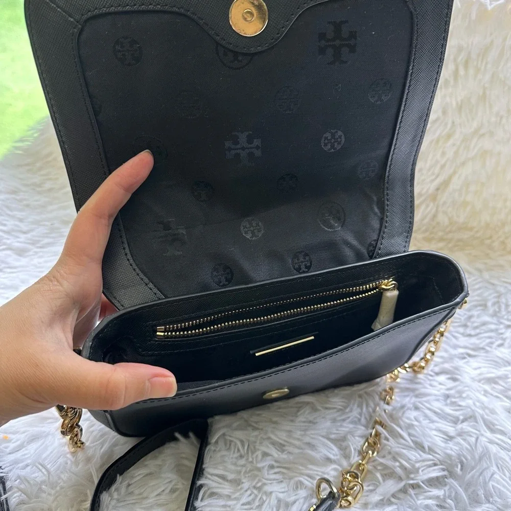 Tory Burch Black Saffiano Leather Mini Crossbody Clutch Convertible Chain Bag